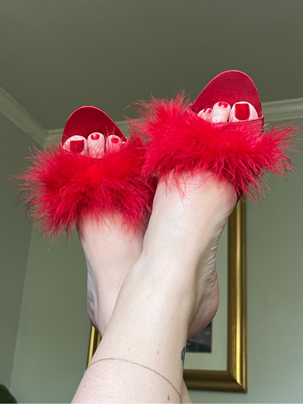 Frederick’s of Hollywood red satin feather trim kitten heels